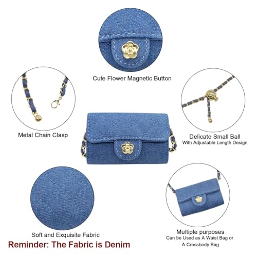 YAMEIZE Mini Denim Chain Belt Bag for Women Quilted Waist Purse Crossbody Fanny Pack Detachable Belt Chain - color: Blue - Mini (4.7x2.7 Inch)