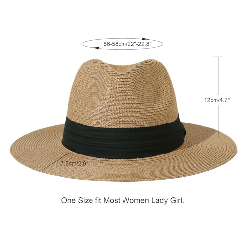 Lanzom Women Wide Brim Straw Panama Roll up Hat Fedora Beach Sun Hat UPF50+ - color: Brown/Black, size: Large-X-Large