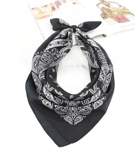 ANDANTINO 100% Mulberry Silk Square Scarf for Hair-25.6" X25.6'' Women Men Natural Silk Neckerchief Digital Printed Headscarf - color: Black&white Paisley