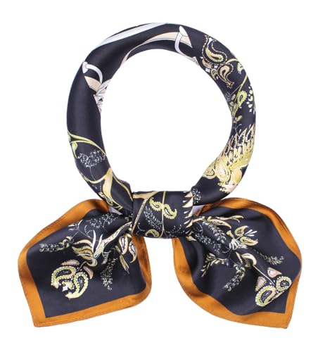 ANDANTINO 100% Mulberry Silk Square Scarf for Hair-25.6" X25.6'' Women Men Natural Silk Neckerchief Digital Printed Headscarf - color: Black&gold
