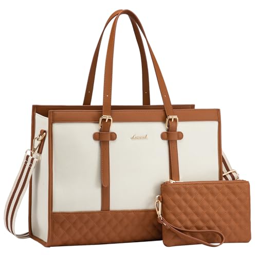 LOVEVOOK Laptop Bag for Women 15.6 inch Canvas Laptop Tote Bag, Large Capacity Work Bag with Clutch Purse, Computer Bag Office Business Briefcase, Casual Handbag for Travel College Teacher School - color: Brown & White, size: 15.6 inch
