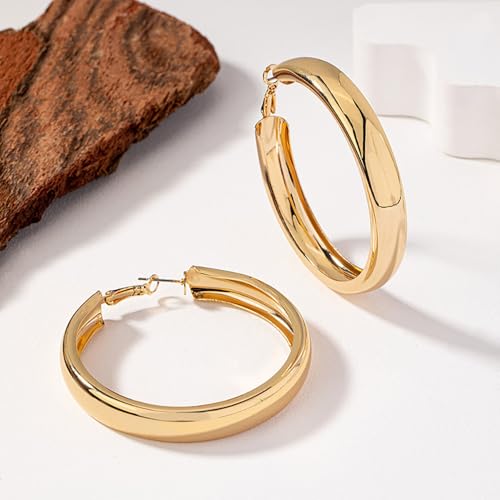 Chunky Gold Silver Hoop Earrings for Women Wide Flat Huggie Hoops Dangle Earrings Big Large Punk Smooth Surface Statement Earrings Fashion Jewelry - color: A Gold