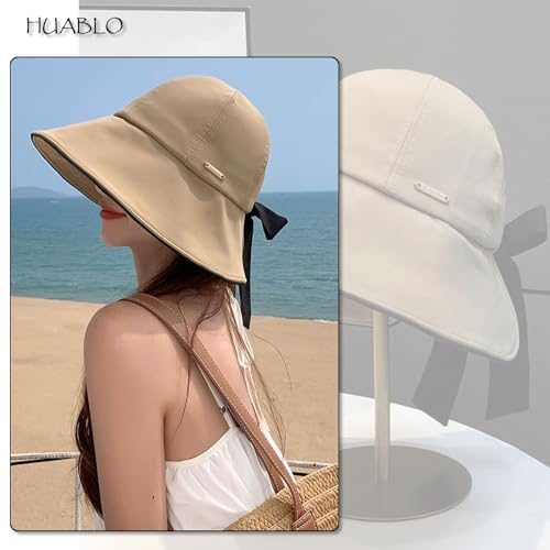 Wide Brim Hats for Woman Foldable Hats Sun Hats for Women uv Protection Bowknot Bucket hat Adjustable hat with Ponytail Hole - color: Khaki