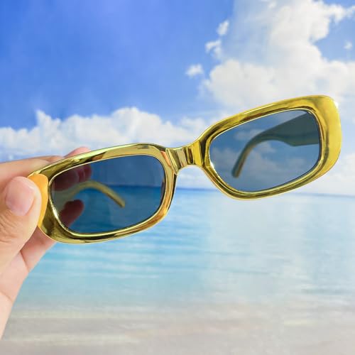 10 Pack Neon/Black Rectangle Sunglasses Bulk for Women Men Retro Trendy Small Rectangle Glasses Party Favors - color: Metallic Gold