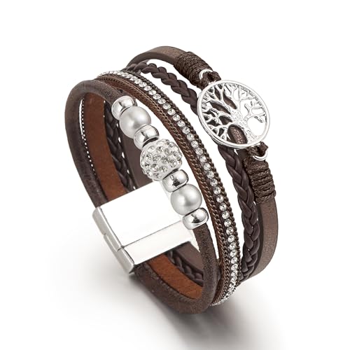 Edoneery Leather Wrap Bracelet for Women, Boho Handmade Multi-Layer Cuff with Crystal Beads Heart, Stackable Bangle Western Jewelry Gift - style: Tree of Life(Brown)