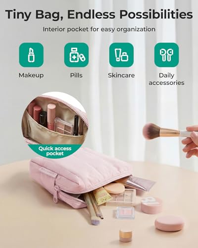 BAGSMART Small Travel Makeup Bag for Purse Toiletry Pouch, Puffy Padded Mini Cosmetics Bag, Cute Make Up Pouch for Women with Slip-in Pocket, Travel Essentials for Toiletries, Strip Khaki - color: 10-Khaki Strip