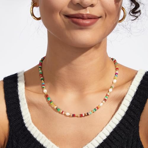 KissYan Beaded Choker Necklace for Women, Colorful Natural Gemstones Pearl Choker 14K Gold Plated Pendant Healing Crystal Necklace Handmade Stone Jewelry Gift - color: P-Rainbow