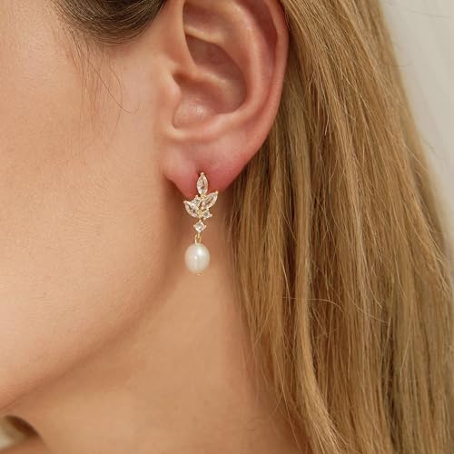Hayopi Pearl Earrings for Women - Dainty Gold Dangle Drop Earrings, 14k Gold Plated Cute Bow Design, Hypoallergenic Pearl Studs, Wedding Jewelry Gifts - color: Mayan CZ earrings