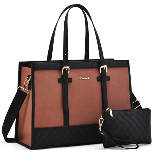 LOVEVOOK Laptop Bag for Women 15.6 inch Canvas Laptop Tote Bag, Large Capacity Work Bags with Clutch Purse, Computer Bags Office Business Briefcase, Casual Handbag for Travel College Teacher - color: Pink & Black, size: 15.6 inch