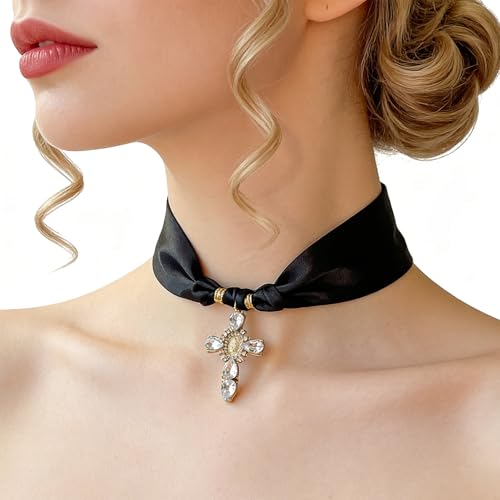 Scarf Necklace for Women Choker Necklace Cross Pendant Trendy Vintage Handmade Charm Jewelry Gift Leopard Silk Bandana Western Bohemian - color: Black