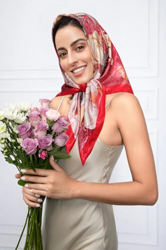 AWAYTR 35” Satin Head Scarf for Women Like Silk Scarf Hair Bandanas Women Large Square Neck Scarf Headscarf Head Wrap - color: Red + Pink