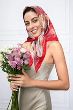 AWAYTR 35” Satin Head Scarf for Women Like Silk Scarf Hair Bandanas Women Large Square Neck Scarf Headscarf Head Wrap - color: Red + Pink