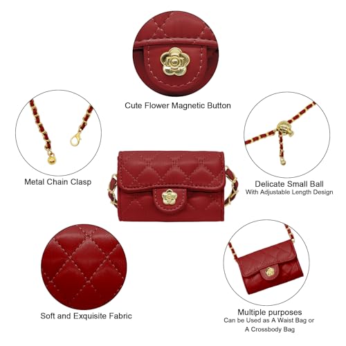 YAMEIZE Mini PU Leather Chain Belt Bag for Women Quilted Waist Purse Crossbody Fanny Pack Detachable Belt Chain - color: Red - Mini (4.7x2.7 Inch)