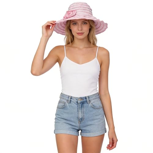 FORBUSITE Women Folding Vintage Outdoor Sun Hats for Beach Garden Travelling UV Protection - color: Gs013-pink