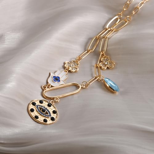ORIGENCE Sun Heart Necklace for Women 18K Gold Plated Heart Pendant Necklace Chunky Chain Choker Necklaces Hip Hop Charm Necklaces Trendy Unisex Jewelry - style: 5Charm-Gold