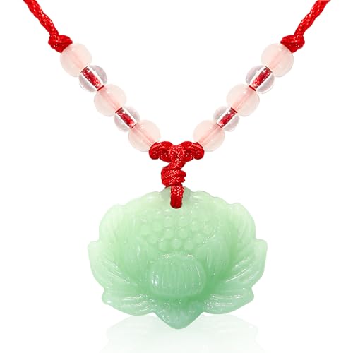 BuleVina Lotus Pendant Necklace Jade Lucky Charm with Red Cord for Men Women, Fashion Natural Green Amulet Jewelry Gifts 24 Inch Rope