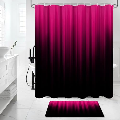 Litabel 4 Pcs Hot Pink and Black Gradient Shower Curtain Set with Rugs and Toilet Lid Cover, Modern Simple Waterproof Fabric Bathroom Set, Ombre Stripe Gothic Abstract Bathroom Decor Set Accessories - color: Hotpink