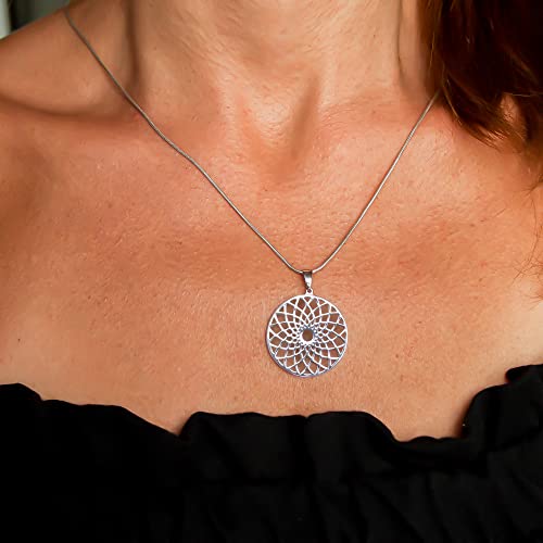Mandala Necklace Sterling Silver 925 - Sacred Geometry Circle Pendant with 19.7" Chain - Spiritual Esoteric Amulet - Boho Hippie Yoga Jewelry for Women Girls - Handmade - style: Lotus
