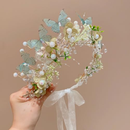 Boho Floral Crown for Women– Adjustable Faux Silk Flower Headband, Handmade Wedding Hair Accessory for Festivals & Photoshoots, Flower Hair Crown for Women (Blue Butterfly, Adjustable) - color: Blue Butterfly