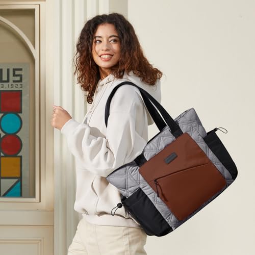 LOVEVOOK Tote Bag for Women, puffer tote bag for Work Travel Nurse, Lightweight quilted Bags with Compartments - color: M-15.6 Inch-‎black-grey-brown