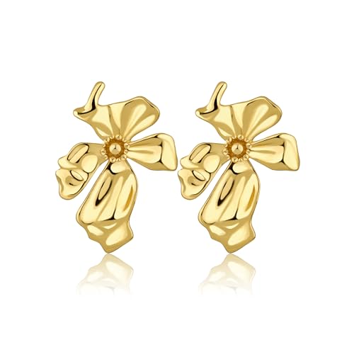 Gold Statement Earrings For Women 18K Gold Plated Sectored Flower Leaf Shell Angel Wing Earring Large Stud Earrings Hypoallergenic Stud - color: Dancing felower earring