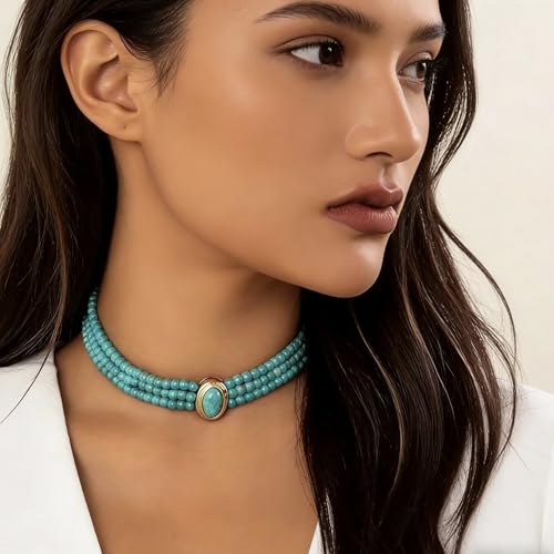 SukAmi Turquoise Choker Necklace Women 3 Layers Necklace Multi Strands Necklace 20s Turquoise Bib Pendant Necklace Choker Party Jewelry Christmas Gift 35+7cm
