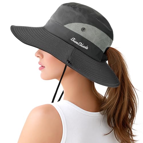 Womens Sun Hat - Sun Hats for Women with Ponytail Hole, Foldable Wide Brim Cooling Mesh Beach Fishing Hat for Outdoor - color: Grey