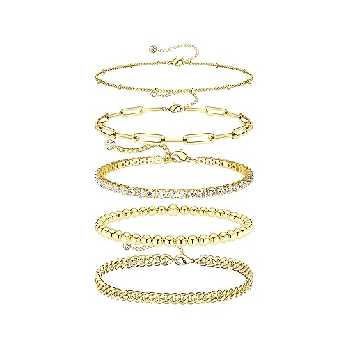 DEARMAY 14K Gold Plated Bracelets for Women, Jewelry Sets Cute Tennis Beaded Bracelets Cuban Link Paperclip Chain Dainty Bracelet Pack Gifts - color: BRACELET-A