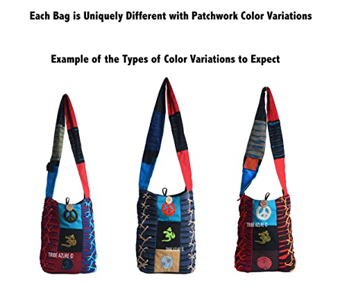 Blue Red Hobo Cotton Sling Cross Body Messenger Shoulder Bag Hippie Boho Bohemian Light Roomy Spacious | Hippie, Boho, Bohemian, Light, Roomy, Spacious - style: Razor Cut Patchwork