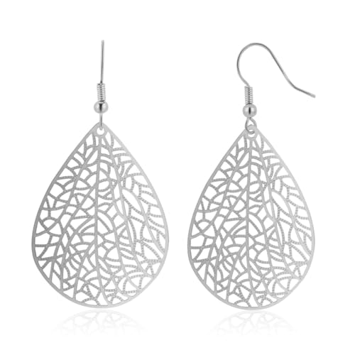Teardrop Earrings for Women, 14K Plated Dangle Earrings Handmade Filigree Teardrop Dangling Earrings Ginkgo Hypoallergenic 925 Sterling Leaf Earrings for women - color: Silver