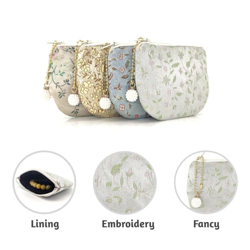 Handmade Women Coin Purse Rosary Pouch Silk Jewelry Bag Brocade Zipper Wallet - Silver - color: Silver