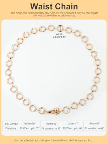 FIORETTO Chain Belt for Women Metal Waist Chain Fashion Multilayer Chain Belts for Dress - color: Double O Ring-gold, size: Fit Waist up to 44"