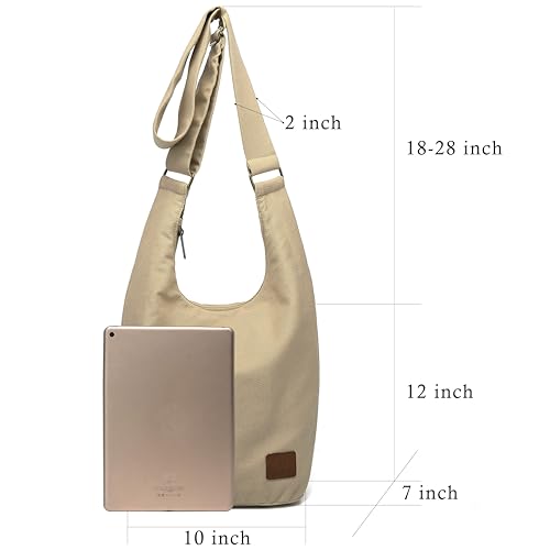 Coton Pose Women Hippie Crossbody Bag - Top Zip Large Capacity Canvas Sling Bag - Jacquard Cloth Handmade - color: Tan Beige