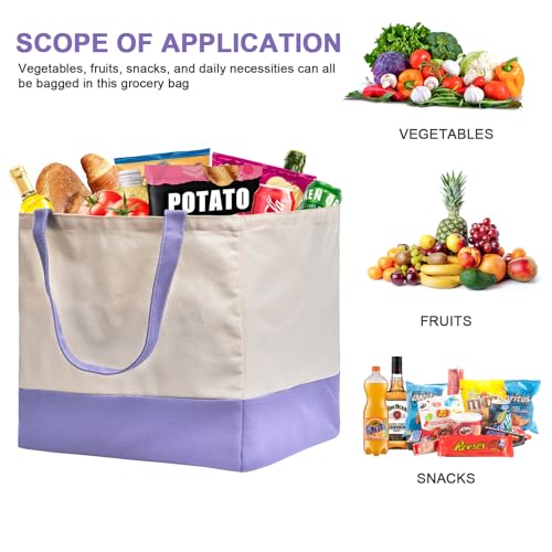 Reusable Grocery Bags Heavy Duty, 8.3 gal Foldable Large Canvas Tote Bag with Handles, Holds 60 lbs Canvas Shopping Bags, 3 Pack（Off White+Light purple） - color: [A1] Off White / Light Purple, size: 3 Pack