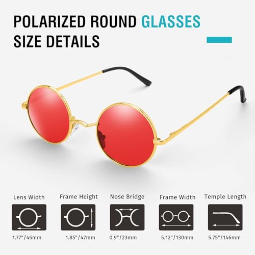 Morcheiong Polarized Hippie Sunglasses Retro Round Glasses for Women Men Vintage Circle Sunglasses UV400 - color: Gold Frame Red Film