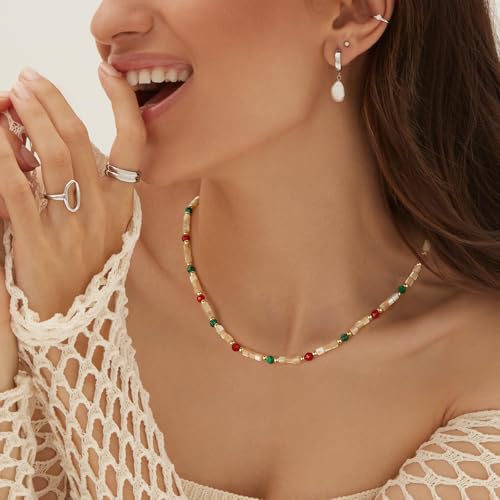 KissYan Beaded Choker Necklace for Women, Colorful Natural Gemstones Pearl Choker 14K Gold Plated Pendant Healing Crystal Necklace Handmade Stone Jewelry Gift - color: L-Shell Stone