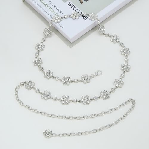 YooAi Rhinestone Diamond Flower Waist Belt Decorative Rhinestone Dress Belt - color: Silver
