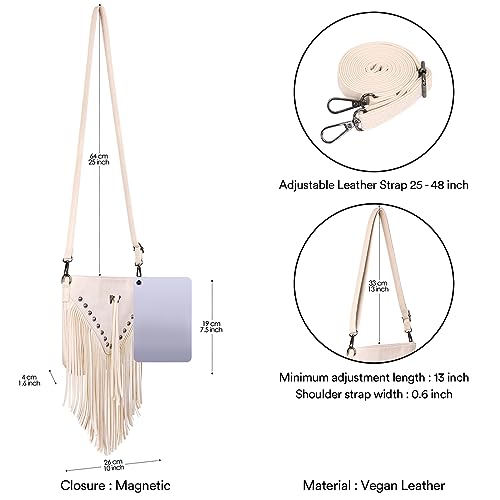 HDE Women's PU Leather Hobo Fringe Crossbody Tassel Purse Vintage Small Flap Envelope Handbag Western Sling Shoulder Bag - color: Cream White