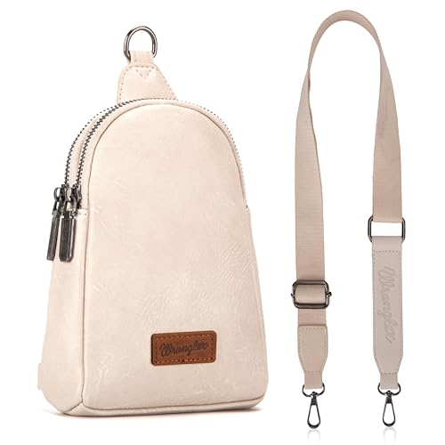 Wrangler Small Sling Bag for Women, Leather Crossbody Bags Cross Body Purse Fanny Packs with Adjustable Strap for Gift - color: Classic-beige