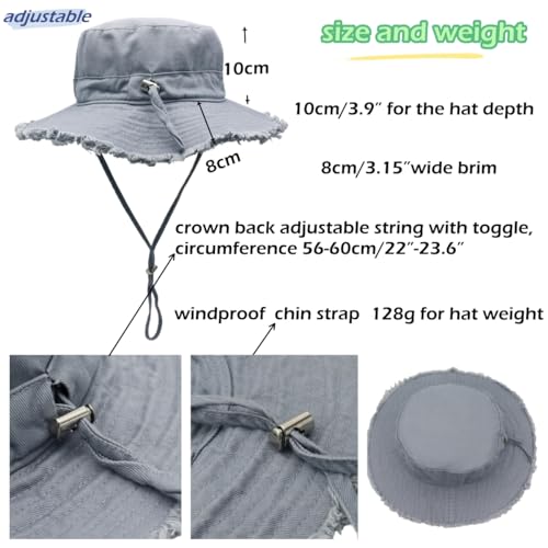 LLmoway Womens UPF50+ Cotton Wide Brim Sun Hat with Strap Ladies Summer Floppy Hats Packable Women Washed Fringes Bucket Hat - color: Grey