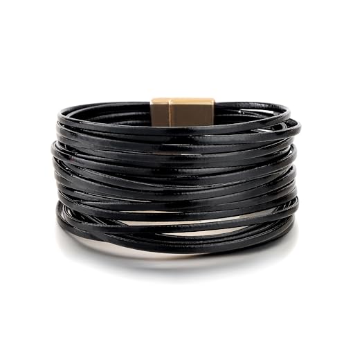 Edoneery Leather Wrap Bracelet for Women, Boho Handmade Multi-Layer Cuff with Crystal Beads Heart, Stackable Bangle Western Jewelry Gift - style: String Leather(Black)