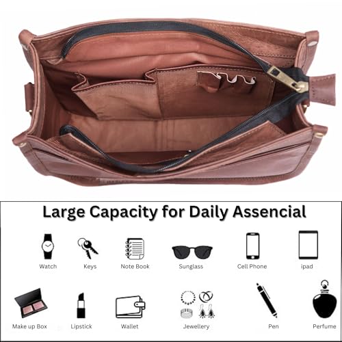 Genuine Leather Crossbody Purse for Women – Medium Satchel Bag with Zipper Pocket – Soft Vintage Boho Handbag - color: Brown