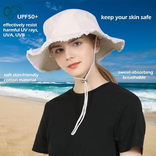 LLmoway Womens UPF50+ Cotton Wide Brim Sun Hat with Strap Ladies Summer Floppy Hats Packable Women Washed Fringes Bucket Hat - color: White