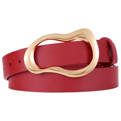 XZQTIVE Leather Belts for Women Casual Fashion Waist Belt for Jeans Pants Dresses with Unique Liquid Shapes Gold Buckle - color: Red, size: Fit Waist 40-47in