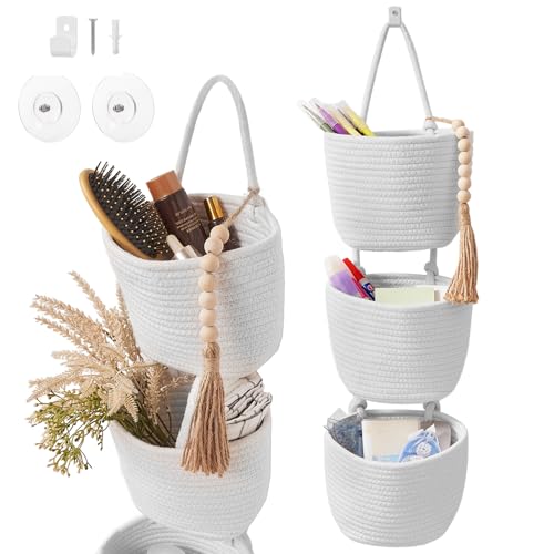 Fabric Wall Hanging Organizers - Small Woven Baskets Pouches Set Boho Style Wall Mounted Bag with Adhesive Hook, Storage Decoration Pocket Caddy for Closet Playroom RV Nursery (White & White) - color: White & White
