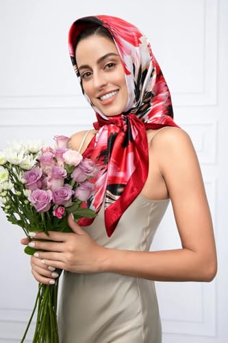 AWAYTR 35” Satin Head Scarf for Women Like Silk Scarf Hair Bandanas Women Large Square Neck Scarf Headscarf Head Wrap - color: Red
