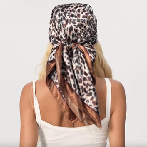 Leopard Print Head Scarf for Women Like Silk Satin Scarf for Hair Wrapping at Night Bandana Square Scarf 35 Inches - color: New Leopard