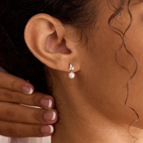 Hayopi Pearl Earrings for Women - Dainty Gold Dangle Drop Earrings, 14k Gold Plated Cute Bow Design, Hypoallergenic Pearl Studs, Wedding Jewelry Gifts - color: GOLD-3 CZ Pearl