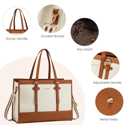 LOVEVOOK Laptop Bag for Women 15.6 inch Canvas Laptop Tote Bag, Large Capacity Work Bag with Clutch Purse, Computer Bag Office Business Briefcase, Casual Handbag for Travel College Teacher School - color: Brown & White, size: 15.6 inch