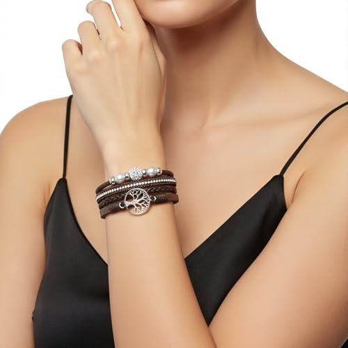 Edoneery Leather Wrap Bracelet for Women, Boho Handmade Multi-Layer Cuff with Crystal Beads Heart, Stackable Bangle Western Jewelry Gift - style: Tree of Life(Brown)